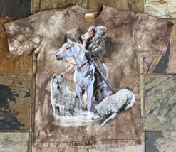 The Mountain-Indian T Shirt-Horse Wolf-XL-Brown Tie Dye Graphic Tee-2003 - $28.05