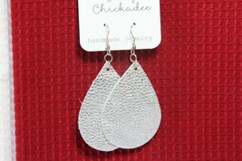 The Purple Chickadee Earrings (New) Metallic Silver Leather Tear Drop Earrings - £12.88 GBP