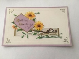 Vintage Postcard Posted 1915 Birthday Greetings Yellow Flowers &amp; House - $1.42