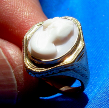 Antique Victorian Deco Ring Solid Gold Intaglio Portrait Coral Cameo Size 6.5 - $3,024.89 CAD