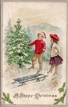 Happy Christmas Children with Sled Find Perfect Tree  Postcard Z1 - £3.70 GBP