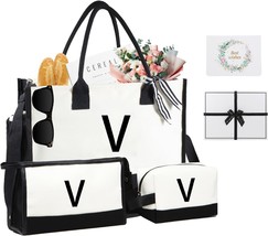 Personalized Initial Canvas Beach Bag Makeup Bag Set Monogrammed Birthday Gift T - £39.51 GBP