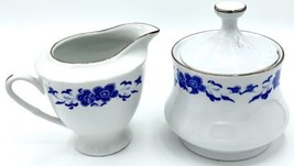 Vintage Chinese Porcelain Blue Flower Pattern Creamer &amp;Sugar Set Silver Rim FLAW - £5.99 GBP