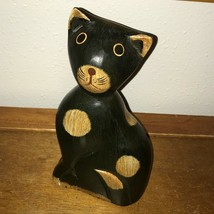 Estate Large Greenish Hued Black &amp; Tan Painted Carved Wood Wooden Sitting Kitty  - £11.93 GBP