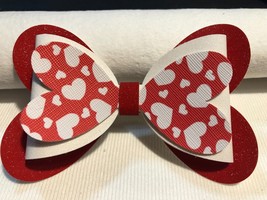 VALENTINE HAIRBOW, 3 LAYERED, 4.5&quot; X 3&quot;, RED AND WHITE, HEARTS ON HEARTS - £6.10 GBP