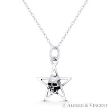Skull Skeleton Head &amp; 5-Pointed Star Charm Oxidized .925 Sterling Silver Pendant - £12.74 GBP+
