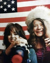 Janis Joplin &amp; Grace Slick circa 1967 smile in front of American flag 8x10 photo - £8.67 GBP