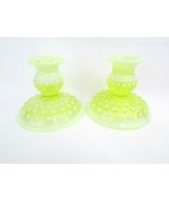  FENTON VASELINE OPALESCENT HOBNAIL ART GLASS TOPAZ CANDLE HOLDERS OLDER - £230.99 GBP