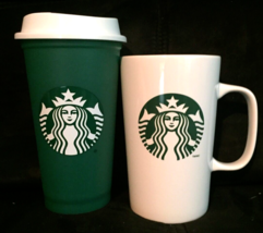 Starbucks coffee Mug White Green  Logo 16 ounces &amp; plastic travel cup wi... - $11.14