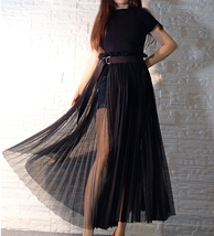 Black Pleated Long Tulle Skirt Outfit Women Plus Size Side Slit Tulle Skirt image 1