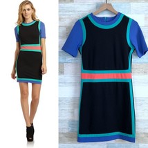 RED Saks Fifth Avenue Colorblock Sheath Dress Black Blue Stretch Womens Medium - £45.81 GBP