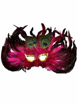 Pink Cat Eye 3 Peacock Feather Masquerade Prom Mask - £8.03 GBP