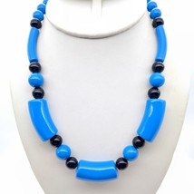 Retro 80s Bright Lucite Necklace, Vintage Black and Blue Beads in Fun Shapes - £30.43 GBP