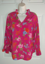 Ann Taylor Lovely Pink Floral V-Neck Long Sleeve Ruffle Cuff Tunic Blouse XSP - £8.45 GBP