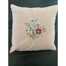 Large Vintage Taupe Floral Needlepoint Pillow With Bright Pink Satin Back - £19.77 GBP