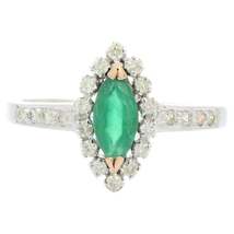 Marquise Shaped Emerald and Diamond Ring in 14K White Gold - £505.23 GBP