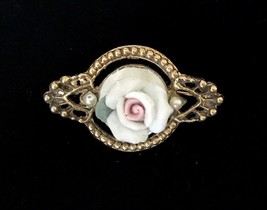 Porcelain ROSE Flower BROOCH Pin with Faux Pearls in Gold-Tone - 1 3/4 i... - £9.97 GBP