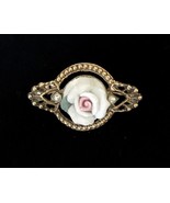 Porcelain ROSE Flower BROOCH Pin with Faux Pearls in Gold-Tone - 1 3/4 i... - £9.82 GBP