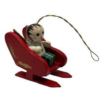 Angel in Red Sleigh Christmas Tree Ornament Wood Vintage 1.5 Inch Tall - £7.77 GBP