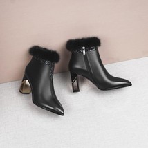 Genuine Leather Women Shoes High Heel Boots Zip Pointed Toe New Winter Warm Blin - £120.82 GBP