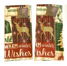 Warm Winter Wishes Dish Towels 100% Cotton 16x26&quot; set of 2 Christmas Deer Cabin  - £21.83 GBP