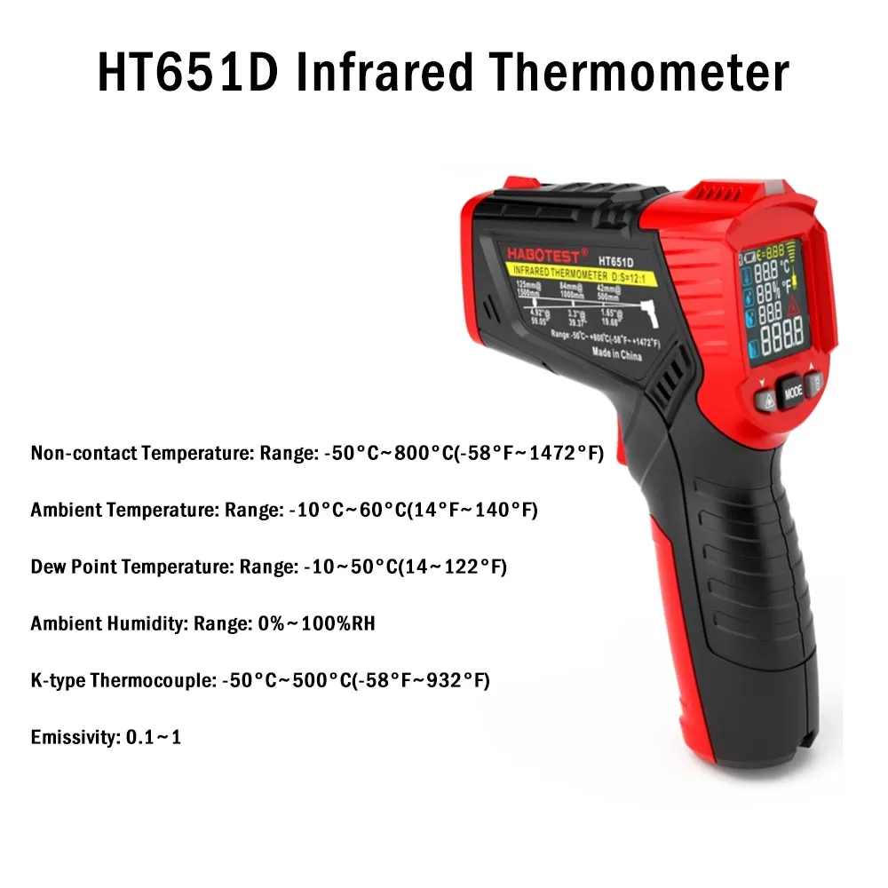 1pc HABOTEST HT651D Infrared Thermometer Non Contact -50 to 550 Degree Laser Tes - £100.10 GBP