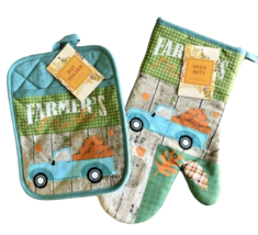 Blue Farm Truck Oven Mitt Pot Holder Set Pumpkins Fall Thanksgiving Set ... - $24.47