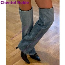 Denim Sleeve Boots Pointy Toe Thin High Heels Vintage Western Cowboy Knee High B - £150.86 GBP