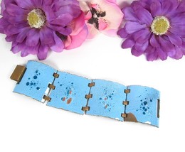 BLUE ENAMEL ON COPPER Vintage BRACELET 4 Curved Links Wearble Art Wide &amp;... - $291.72 MXN
