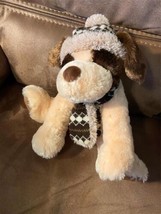Vtg Hug Fun Winter Puppy Dog Plush Stuffed Animal 11 Inch Sitting Scarf &amp; Hat - £10.92 GBP