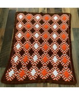 Vintage 70s Knit Afghan Blanket Lap Throw Crochet Brown Orange Cleveland... - $59.35