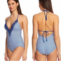 NWT SEAFOLLY Riviera Blue &amp; White Striped Deep V One Piece Swimsuit US Size 4 - £37.85 GBP