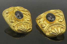 TAKI 925 Silver - Vintage Black Onyx Gold Plated Non Pierce Earrings - E... - £86.05 GBP