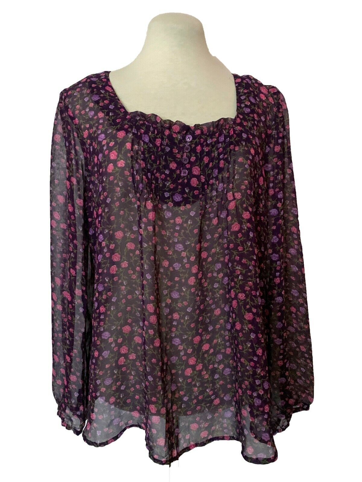 Behind The Seams Sheer Purple Long Sleeve floral Shirt Women&#39;s Size L - $14.85