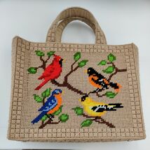 Embroidered Beige Colorful Birds Cardinal Jay Homemade Lined Handbag Bag - €46,18 EUR
