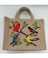 Embroidered Beige Colorful Birds Cardinal Jay Homemade Lined Handbag Bag - $53.89