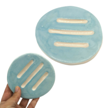 DRAIN SOAP DISH Tray, Ceramic Turquoise Blue Round Dish For Soap Bar, Zero Waste - £27.67 GBP
