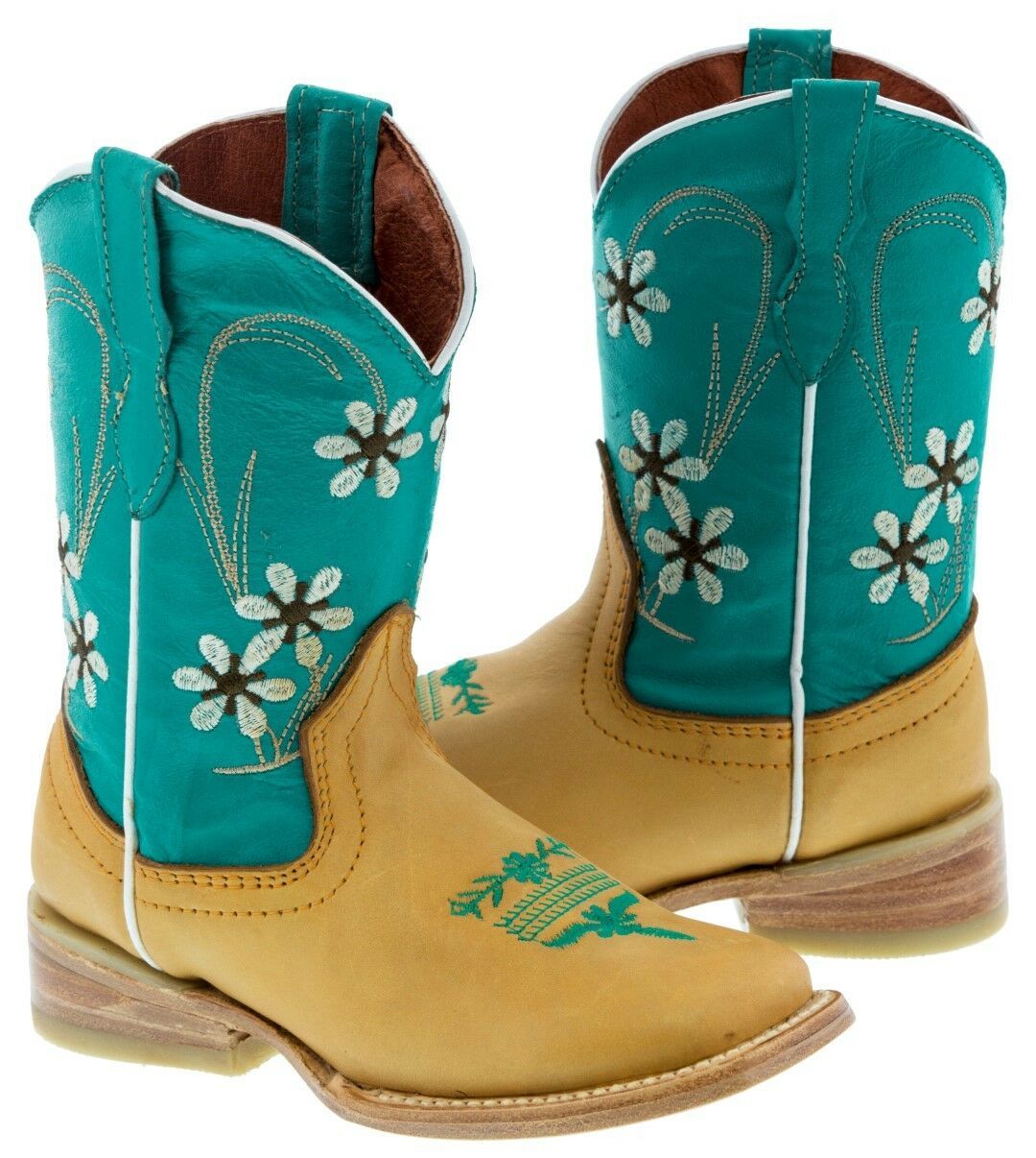 Girls Blue Buttercup Flower Embroidered Cowgirl Leather Boots Kids Square Toe - £41.27 GBP