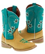 Girls Blue Buttercup Flower Embroidered Cowgirl Leather Boots Kids Squar... - €47,76 EUR