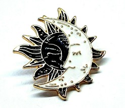 Sun &amp; Moon Yin Yang Day Night Enamel Black White Gold Brooch Pin Spiritual Uk - £3.71 GBP