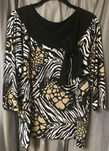 Dress Barn Women&#39;s 1X Zebra Animal Print Top Black Brown 3/4 Slve Stretch Shirt - £14.65 GBP