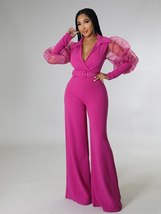 Solid V Neck Mesh Belt One Piece Wide Leg Pants Jumpsuit - £50.44 GBP