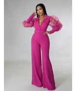 Solid V Neck Mesh Belt One Piece Wide Leg Pants Jumpsuit - $62.95