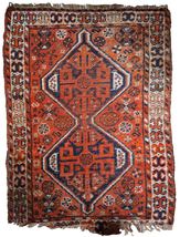 Handmade antique Persian Shiraz distressed rug 2.8&#39; x 3.7&#39; (87cm x 114cm) 1900s - $625.00