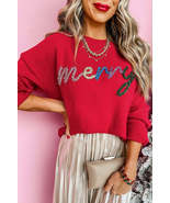 Fiery Red Tinsel Merry Letter Drop Shoulder Baggy Sweater - $46.56