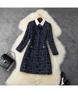 Navy Blue Plaid Bow Tie Tweed Dress - $68.95