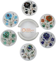 Multi Inlay Floral White Marble Round Coasters Home &amp; Kitchen Decor Gift... - £201.52 GBP