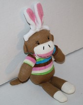 Inter American Products Easter Bunny Sock Monkey 10&quot; Pink Ear Stripe Stuffed Toy - $9.75