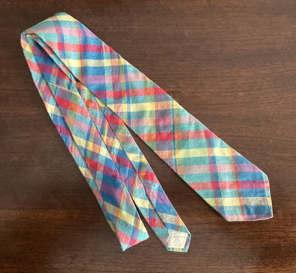 Vintage Gant Cotton Plaid Tie Pink Green Yellow Blue - $7.70