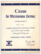 WWII Home Front USO Nation War Fund Meritorious Service Award  - £10.34 GBP